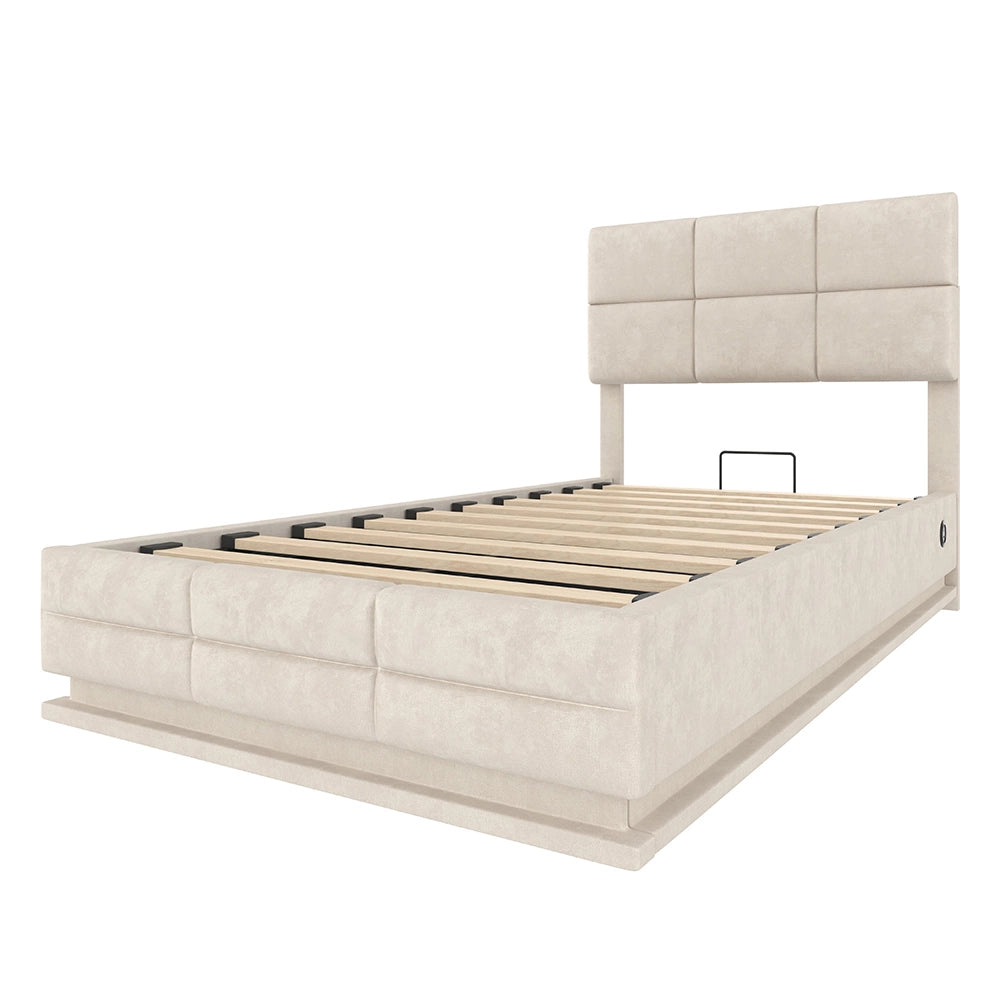 Letto 90x200cm imbottito - Xylo - velluto beige USB idraulico LED
