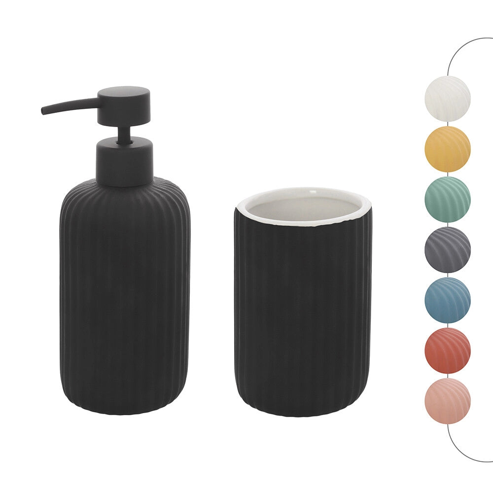 Set accessori bagno in ceramica nero con dispenser sapone e due portaspazzolini Spring