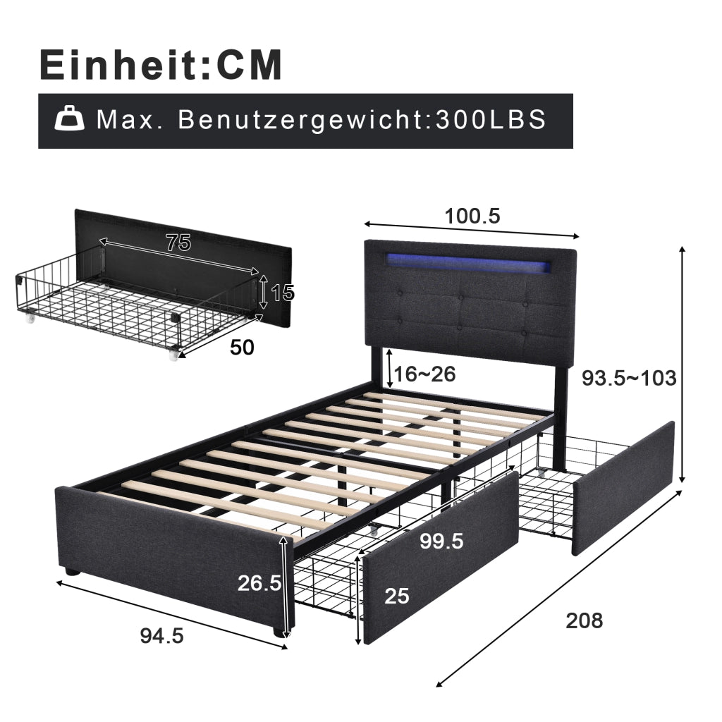 LETTO Singolo 90x200 cm in lino grigio con LED e 2 cassetti