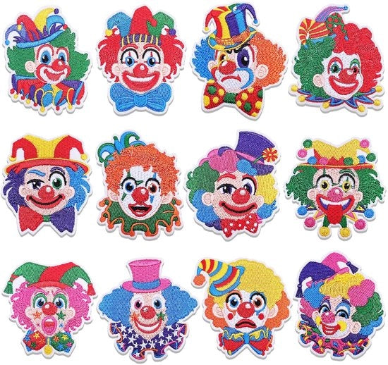 Punti di ricamo clown - Applicazioni ricamate - Riparazione abiti - Design clown unico - 12 pezzi - Colorati