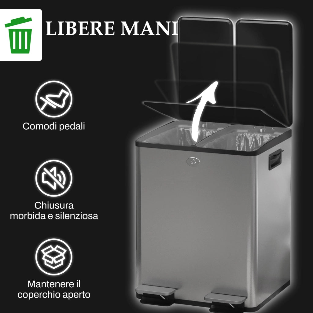 Bidone Immondizia a 2 Sezioni da 20L con Chiusura Silenziosa, in Acciaio Inox e PP, 45.8x36x51.6 cm