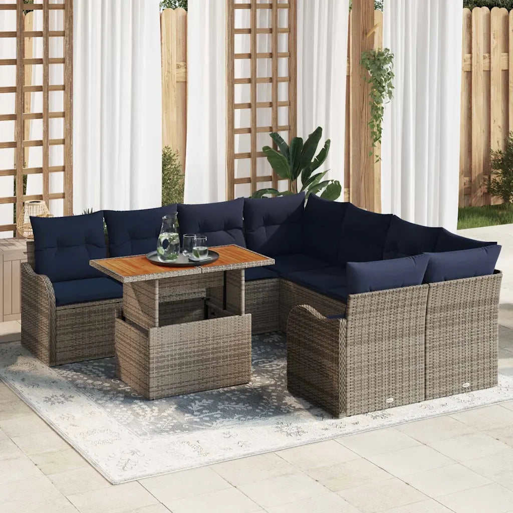 Set Divano da Giardino 9 pz 8-Numero di posti Grigio e Blu Navy 3349443