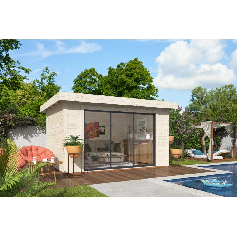 Casetta da giardino in legno 385x291 cm, pareti 28 mm con porta scorrevole vetrata larga, per deposito attrezzi esterno - Esterni da Vivere