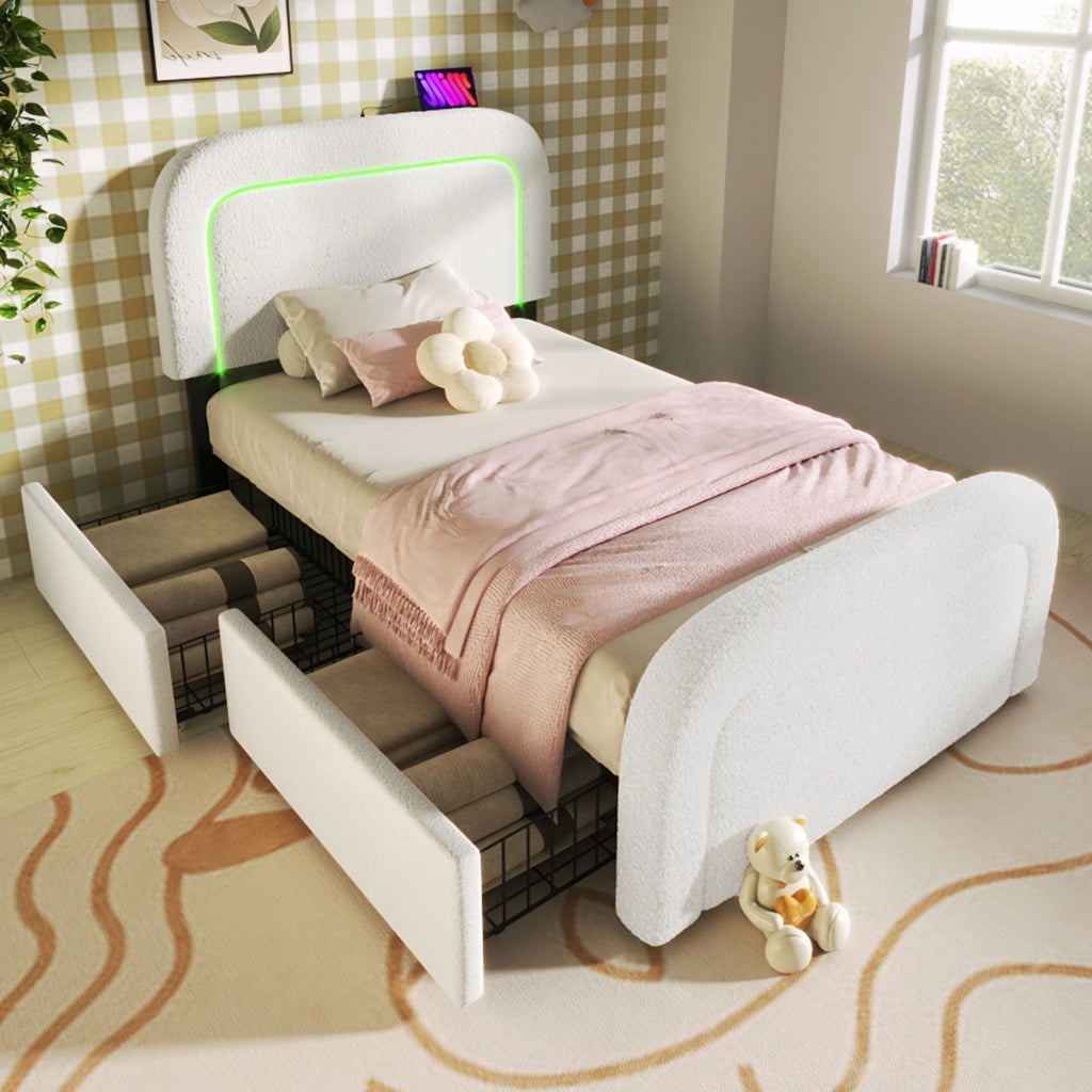 LETTO Singolo 90x200 cm Sherpa Bianco con USB Type-C, LED e 2 cassetti