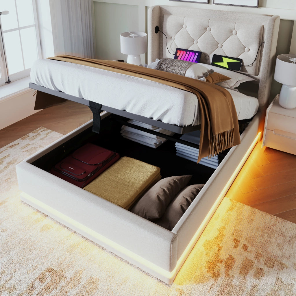 LETTO imbottito 90x200 cm beige in cotone con USB Tipo C, LED e contenitore