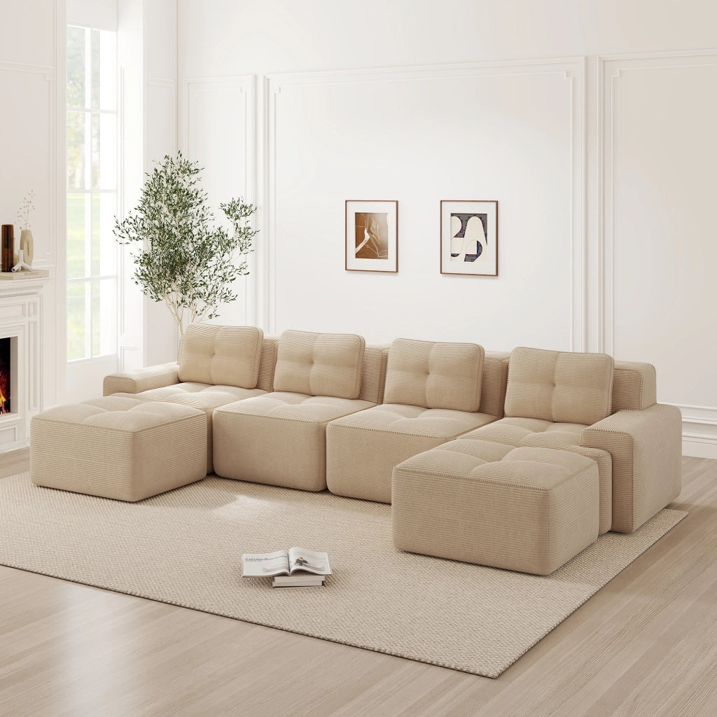 Divano modulare senza ossa - Zephmum- U-forma 4 posti velluto beige