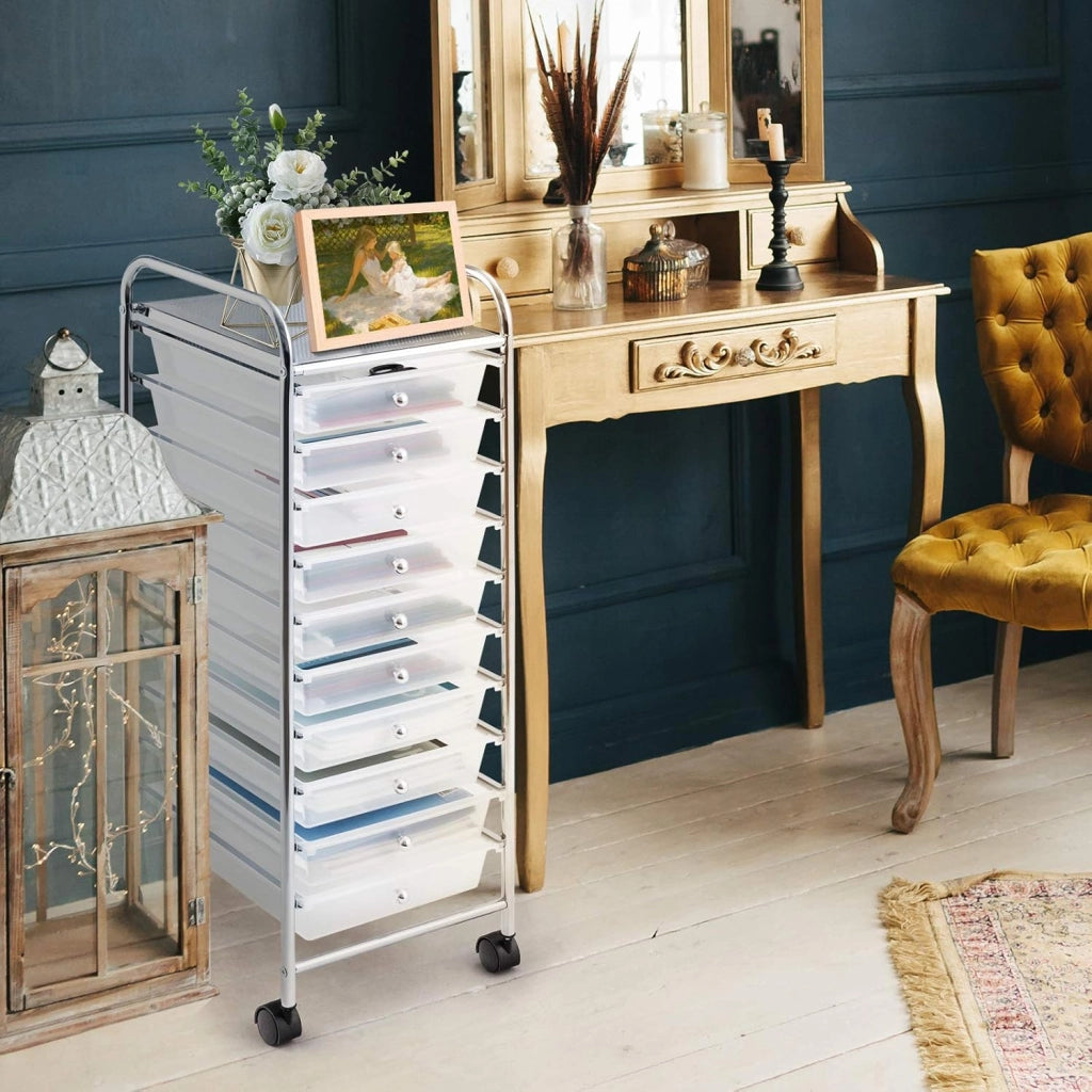 Carrello con 10 Cassetti da Stoccaggio, Cassettiera di Metallo e Plastica, Contenitore Multiuso con Ruote a Freno, per Casa e Ufficio (Trasparente)