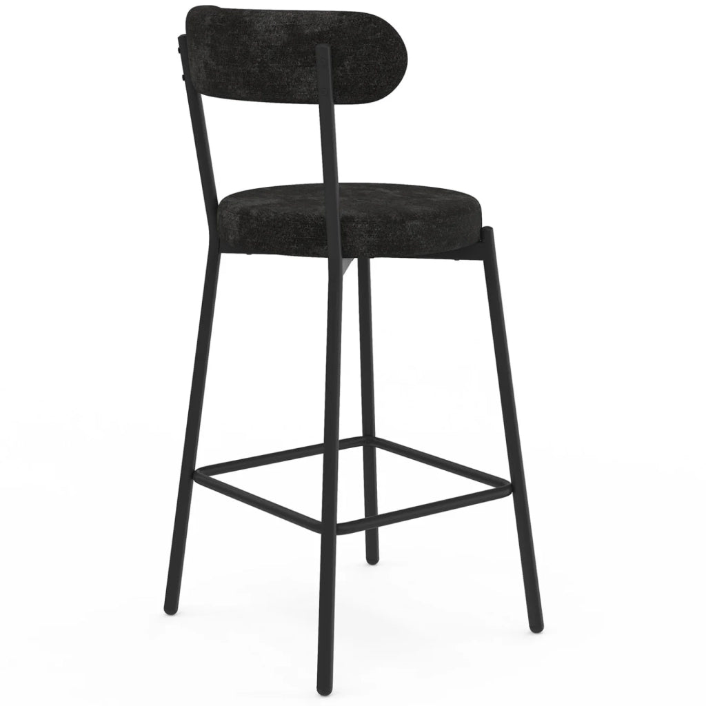 IDMarket - Set di 4 sgabelli da bar MIKI con schienale curvo in tessuto chenille nero e gambe in metallo nero