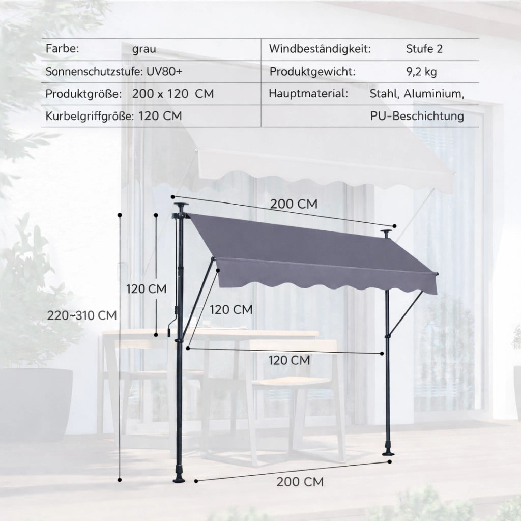 Tenda da Sole a Bracci per Balcone con Manovella ¨C Xylo ¨C Grigio, 200x120 cm, UV, Senza Forare