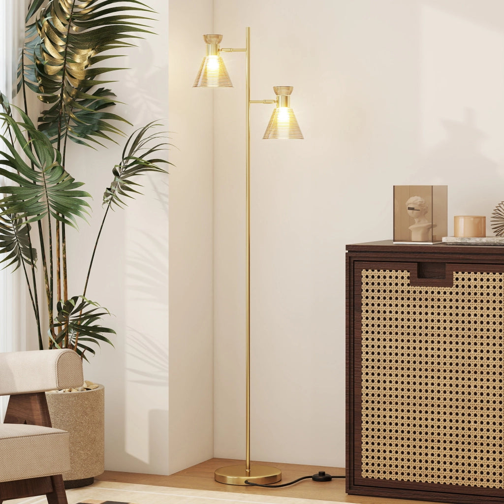 Lampada da Terra Moderna 2 Luci ¨C Xylo ¨C Oro, Teste Regolabili, Interruttore a Pedale