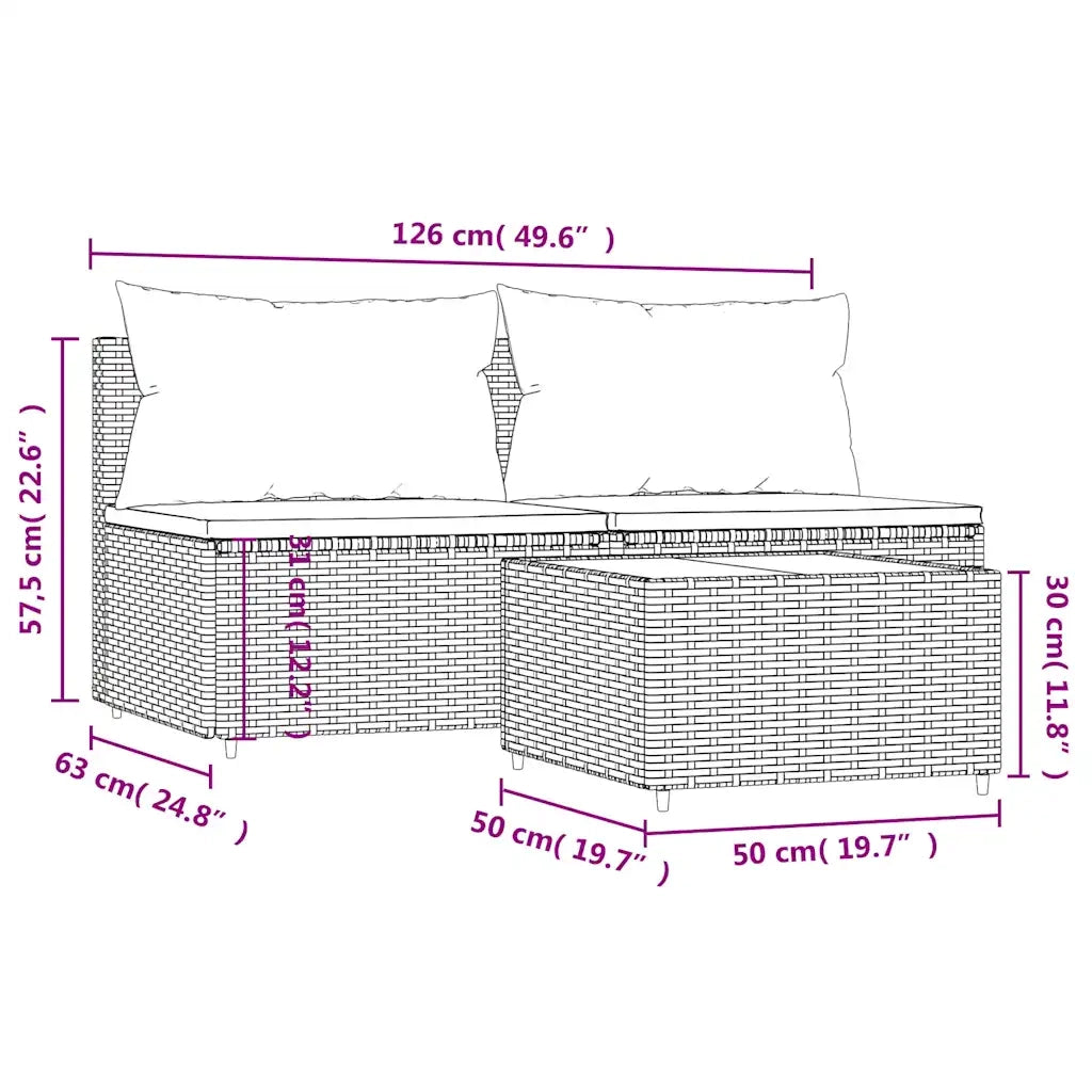Set Mobili da Giardino 3 pz con Cuscini in Polyrattan Marrone 319835