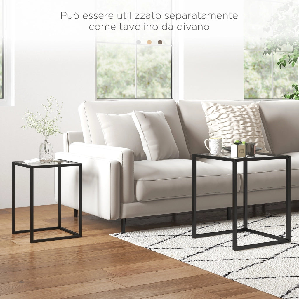 Set 2 Tavolini da Caff¨¨ Sovrapponibili ¨C Xylo ¨C Acciaio Nero e Vetro Temperato