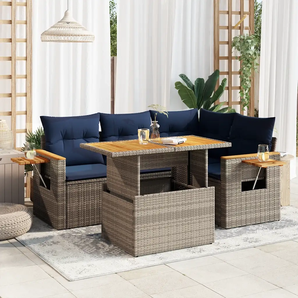 Set Divano Giardino 5 pz con Cuscini Grigio Polyrattan Acacia 3327596