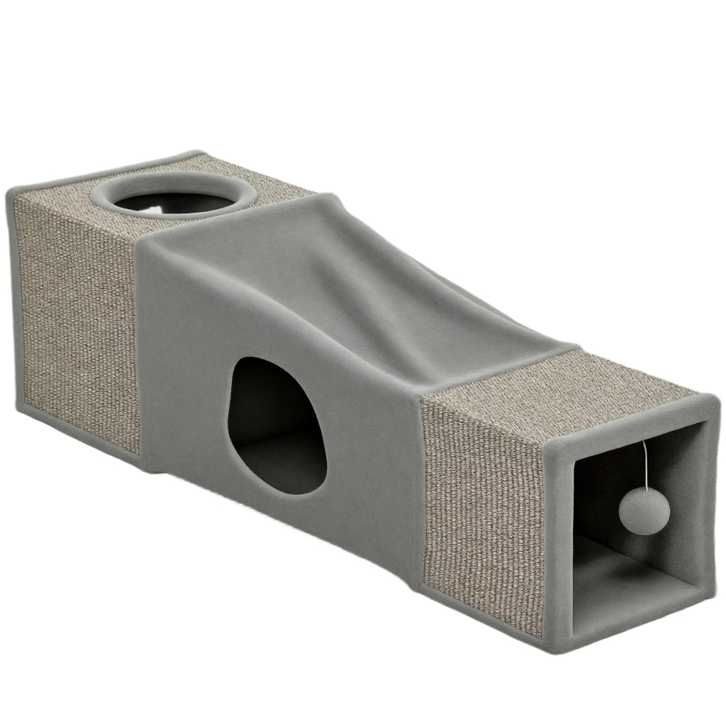 Tunnel per gatti con 2 cucce, superfici tiragraffi e gioco con palla ¨C Xylo ¨C 98x30x30 cm, Marrone e Grigio