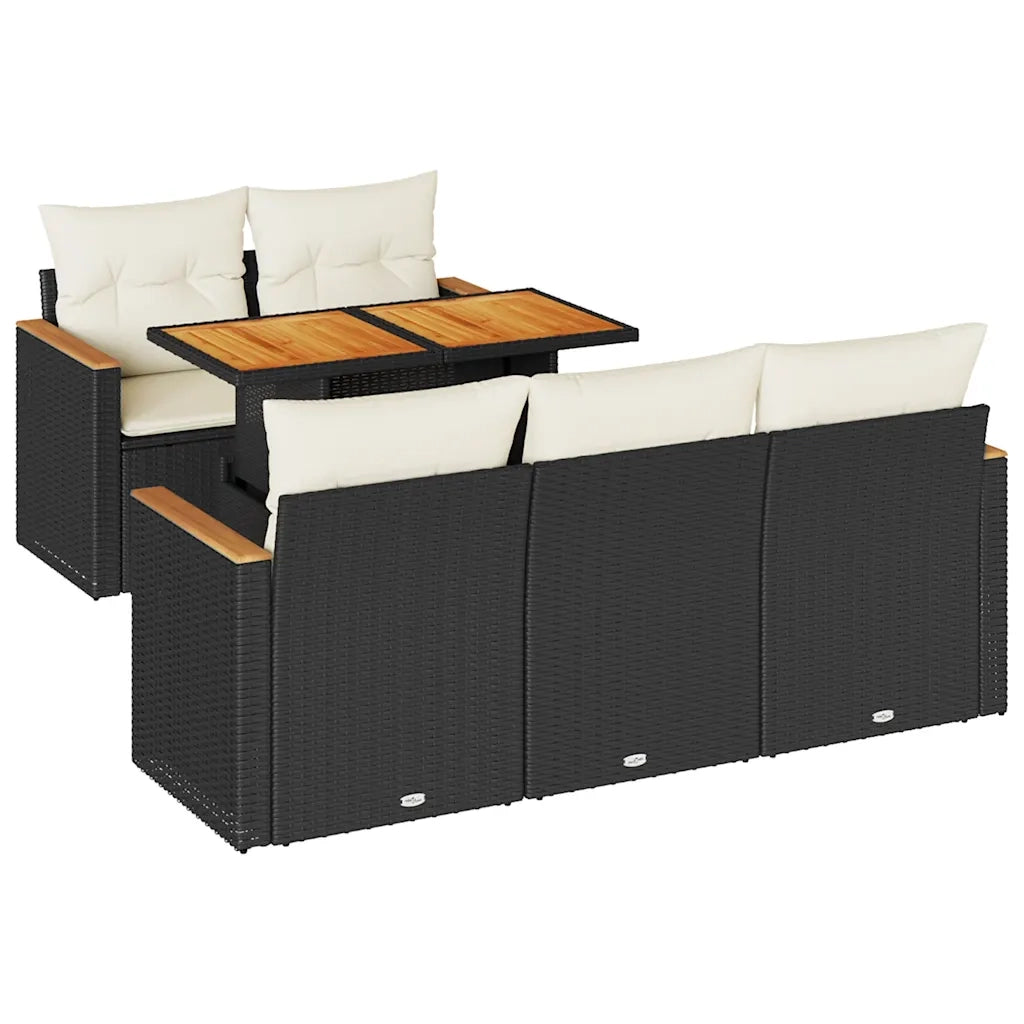 Set Divano da Giardino 6 pz con Cuscini Nero Polyrattan Acacia 3327437
