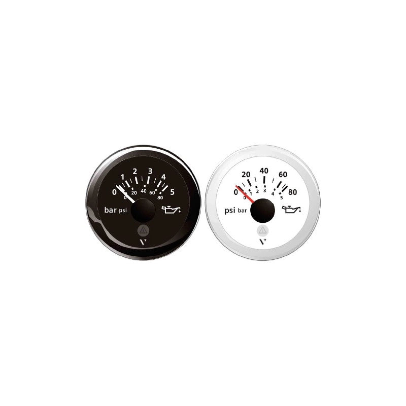 MANOMETRO OLIO 25 BAR INVERT.BIANCO OIL PRESSURE BLACK MAX 5 BAR 12/24V