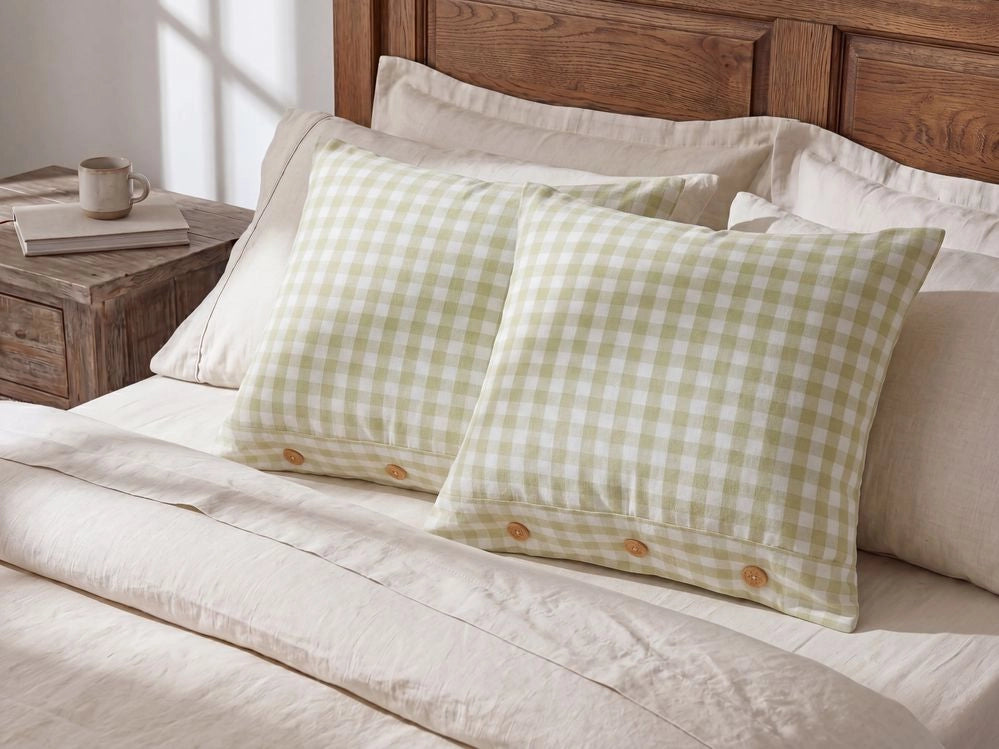 Set di 2 cuscini decorativi a quadretti verde oliva e bianco con bottoni 45 x 45 cm soggiorno camera da letto