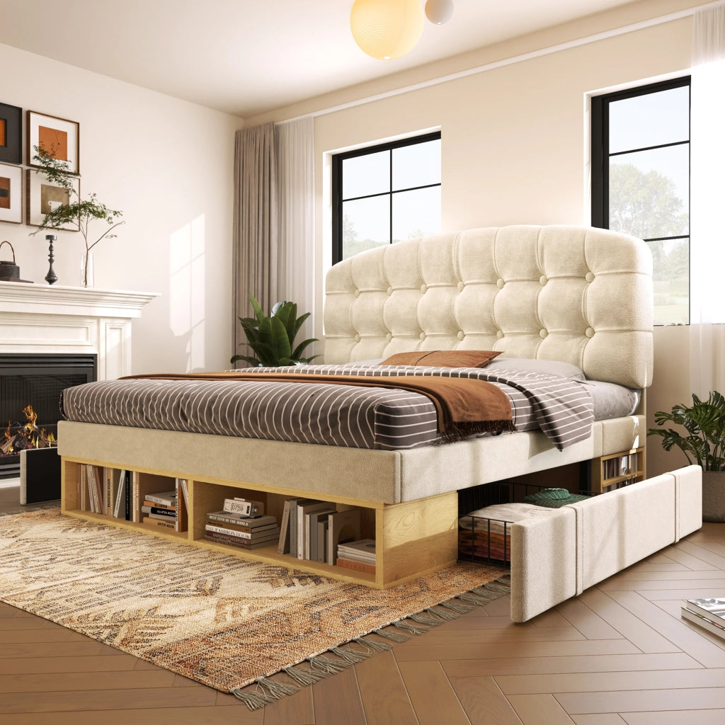 LETTO imbottito 90x200 cm in velluto beige con testiera regolabile e cassetti