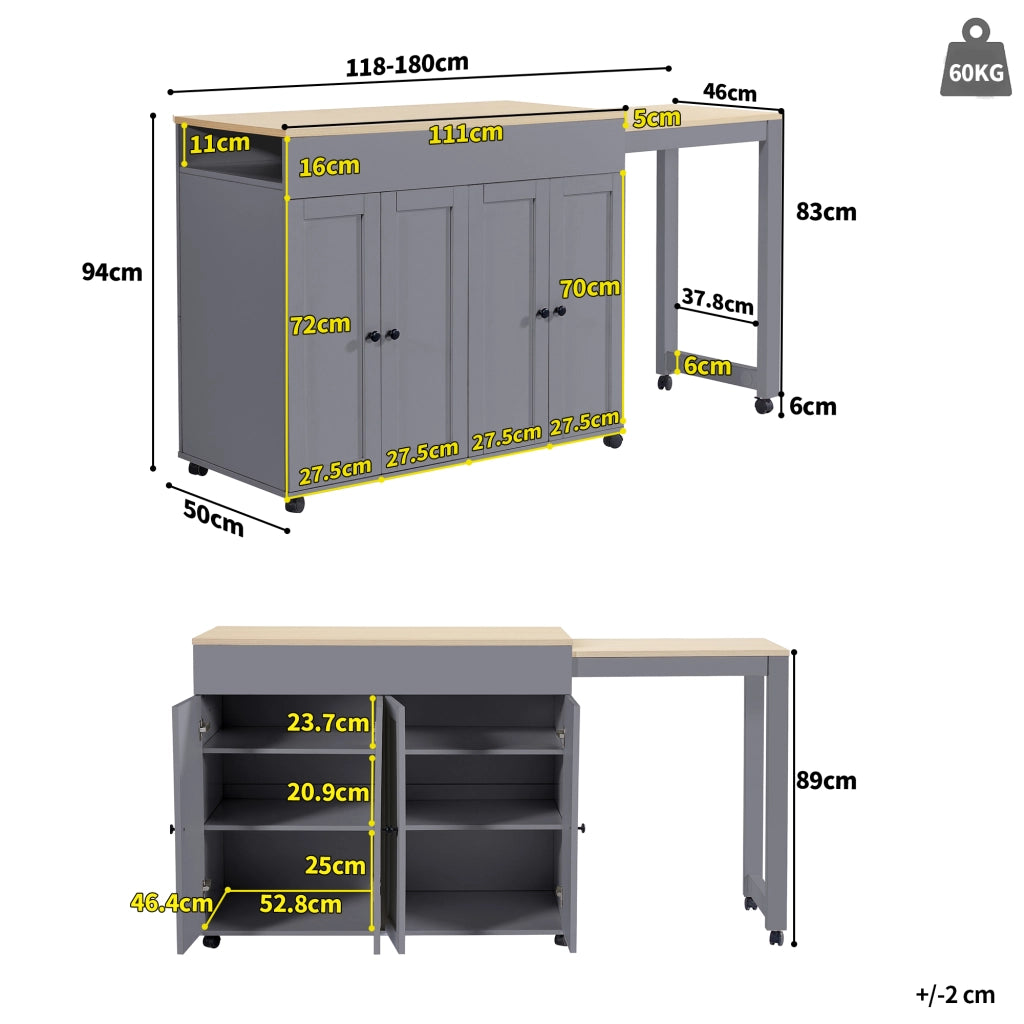Tavolo allungabile con 6 vani contenitore in MDF grigio per cucina e sala da pranzo 118 × 50 × 94 cm