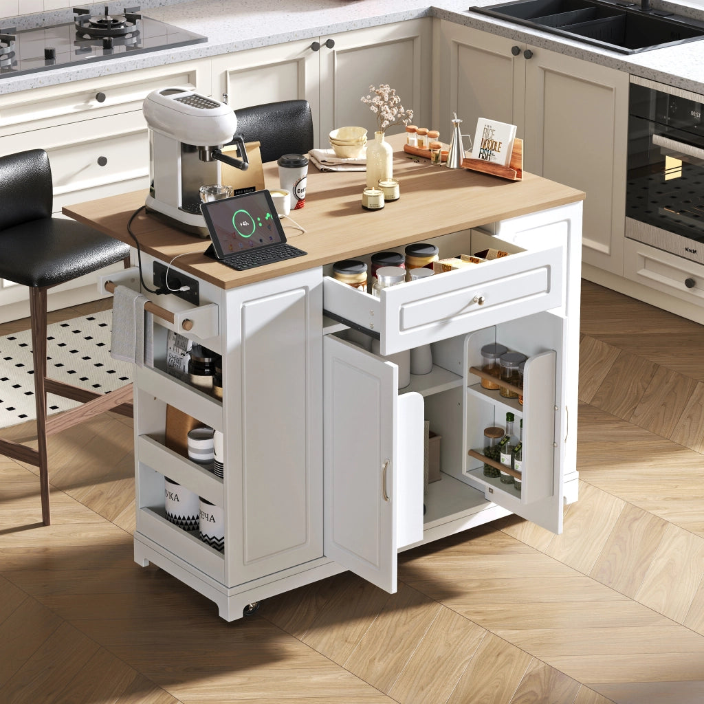 Isola da cucina su ruote con piano estraibile; cassetti multifunzione e vano pattumiera; bianco; 120x40-70 cm