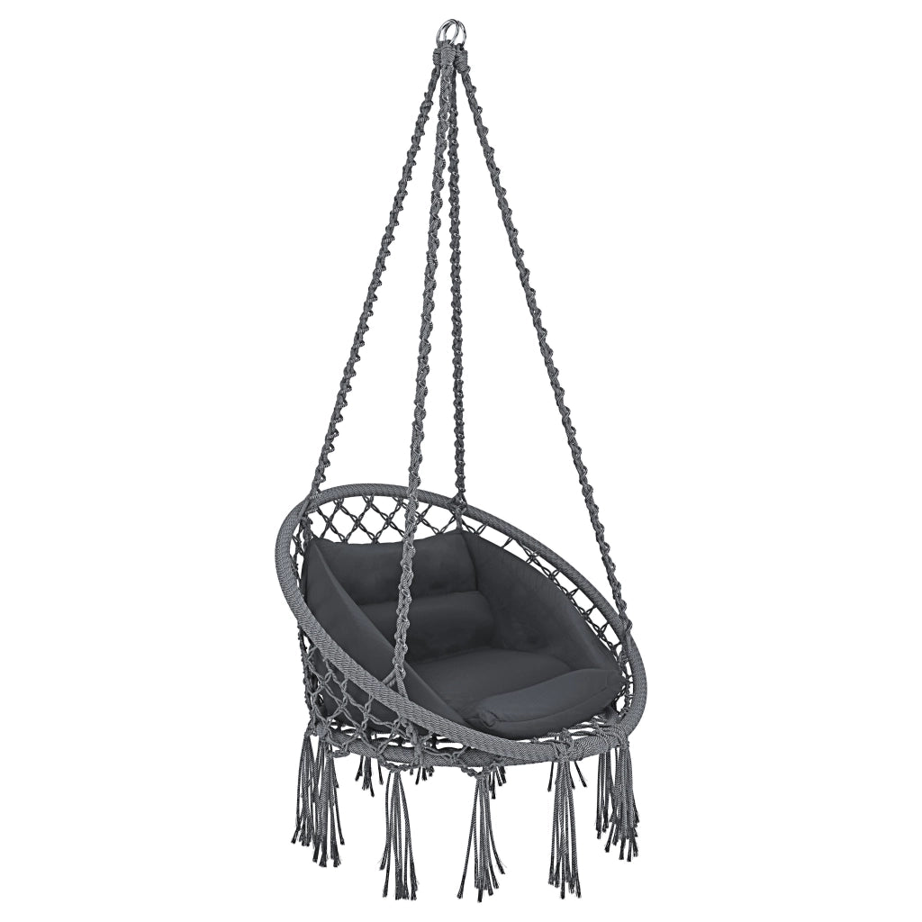 Poltrona Sospesa Pensile Da Giardino Con Corda In Cotone Effetto Macramè E Struttura In Acciaio Cuscino Sedia Dondolo Amaca Con Seduta Imbottita Esterno Terrazzo Design Moderno Fino A 160 Kg Grigio