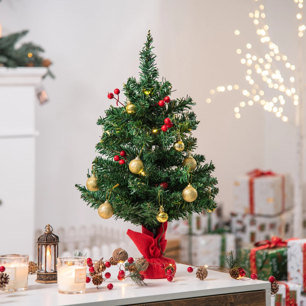 Albero di Natale artificiale da tavolo con 15 luci LED e 16 palline in PVC verde, 60 cm, a batteria