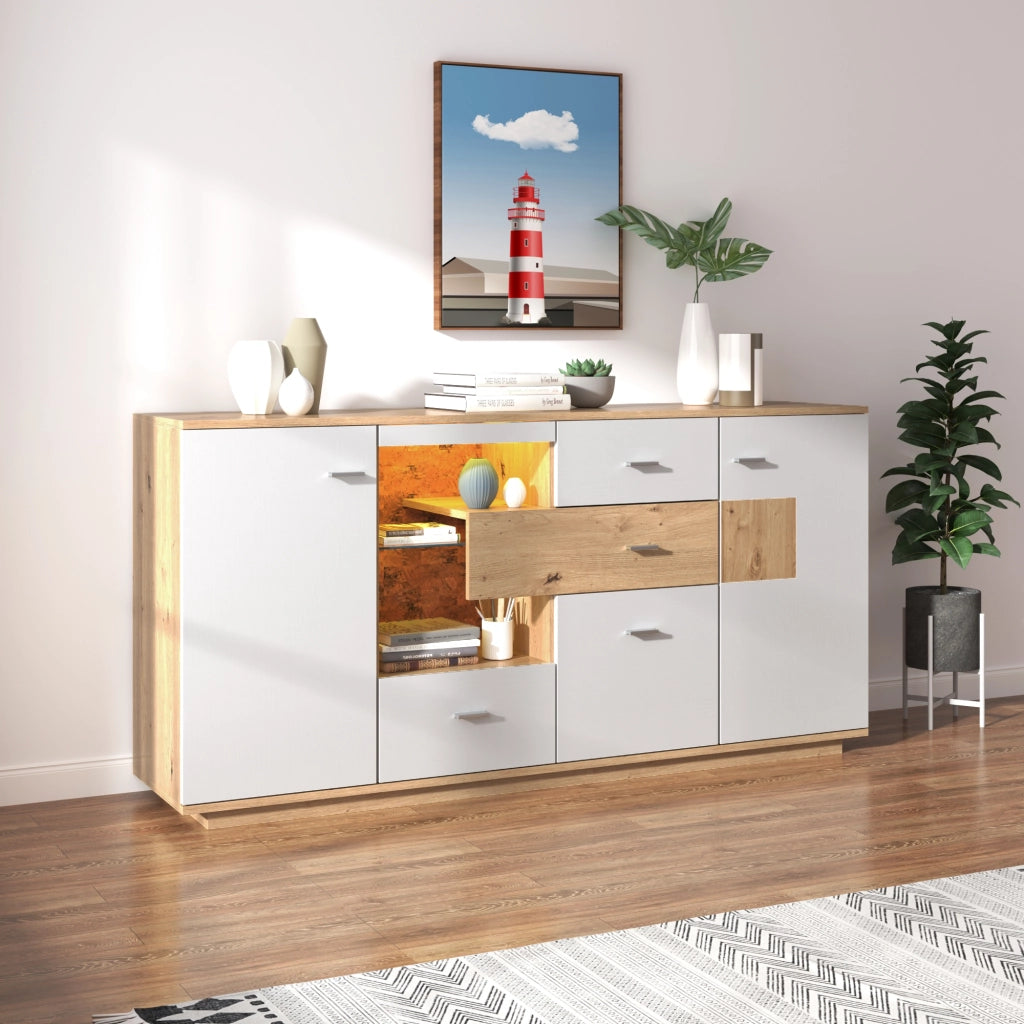OKWISH Credenza Contenitore con 2 Ante e 4 Cassetti, Ripiani Regolabili e LED, per Soggiorno, MDF, 160 x 40 x 77 cm