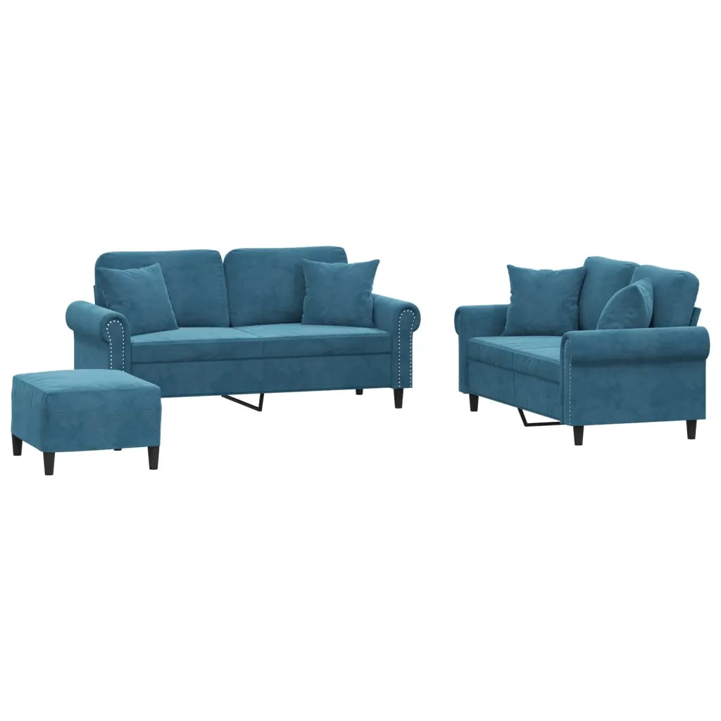 Set di Divani 3 pz con Cuscini Blu in Velluto