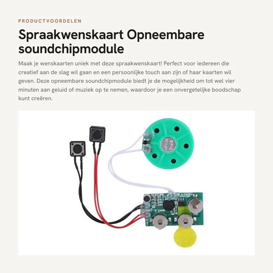 Modulo di suono a chip integrato - Registrazione 4 minuti - Dimensioni compatte 46x27x10 mm - Incluso caricabatterie - Incluso modulo di suono - Per hobby e giocattoli - Incluso batterie - Suono e divertimento