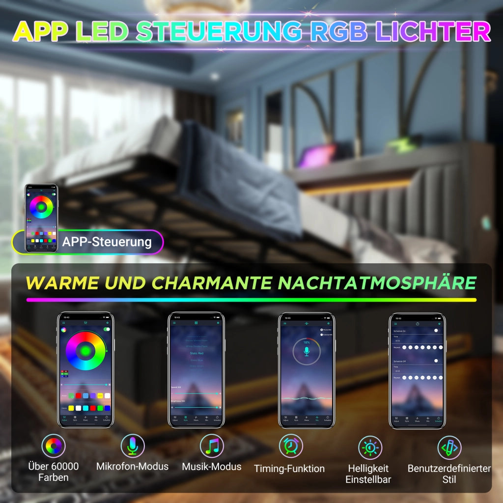 LETTO imbottito 140x200 cm lino grigio con LED, USB e vano contenitore