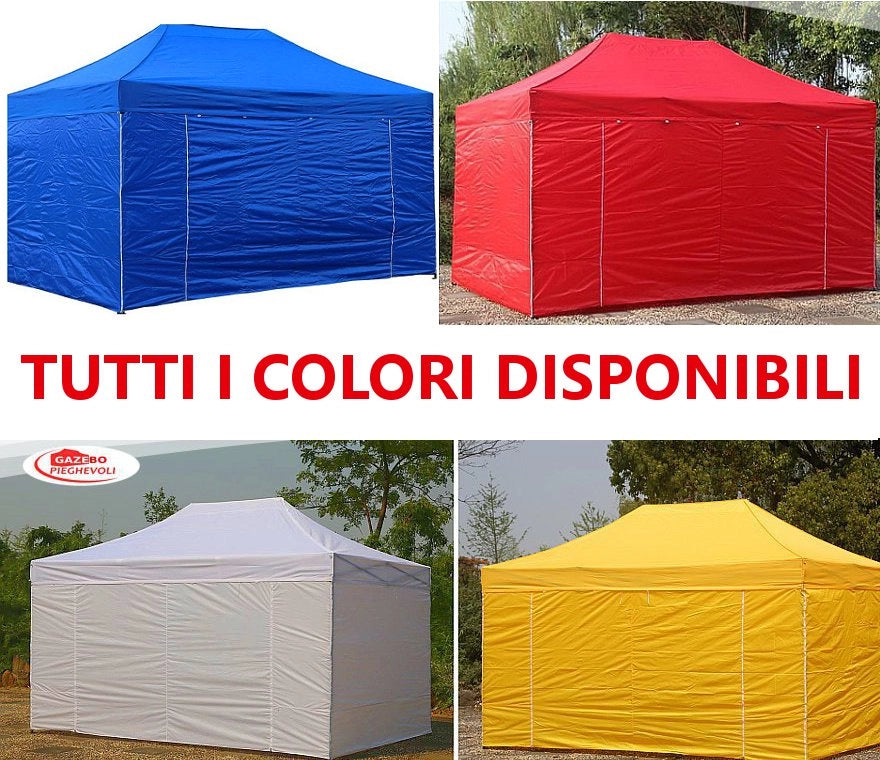 Gazebo 3x4,5 m bianco pieghevole portatile estendibile richiudibile estensibile acciaio SENZA laterali per fiere eventi stand chiosco tenda tendone mercato mercatino  