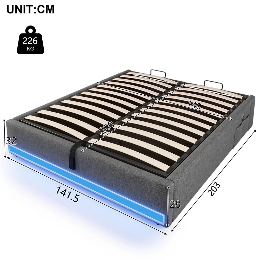 Letto contenitore - Xylo - 140x200 cm LED USB grigio