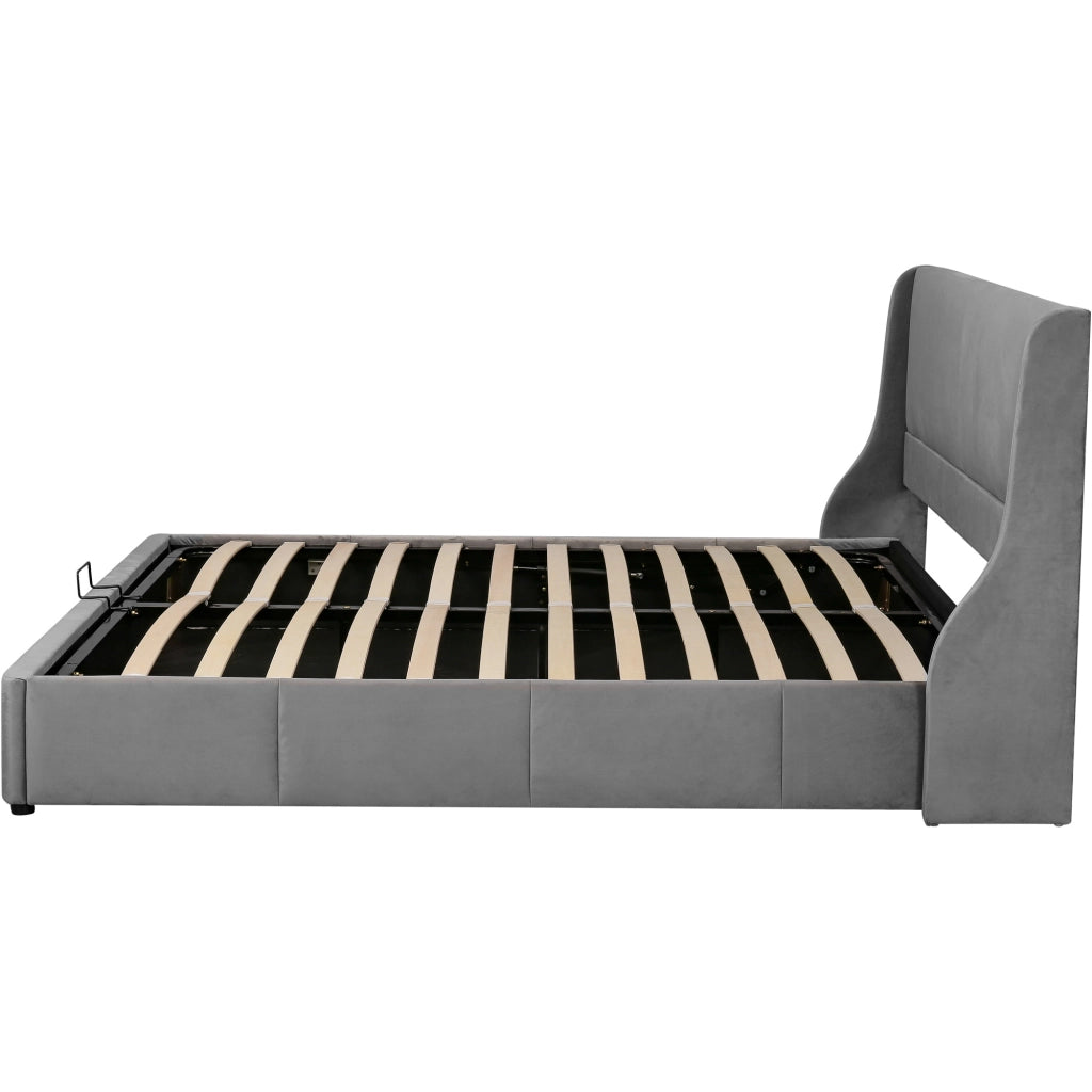 Letto matrimoniale con contenitore e rete 180x200 cm in velluto grigio; testiera sagomata