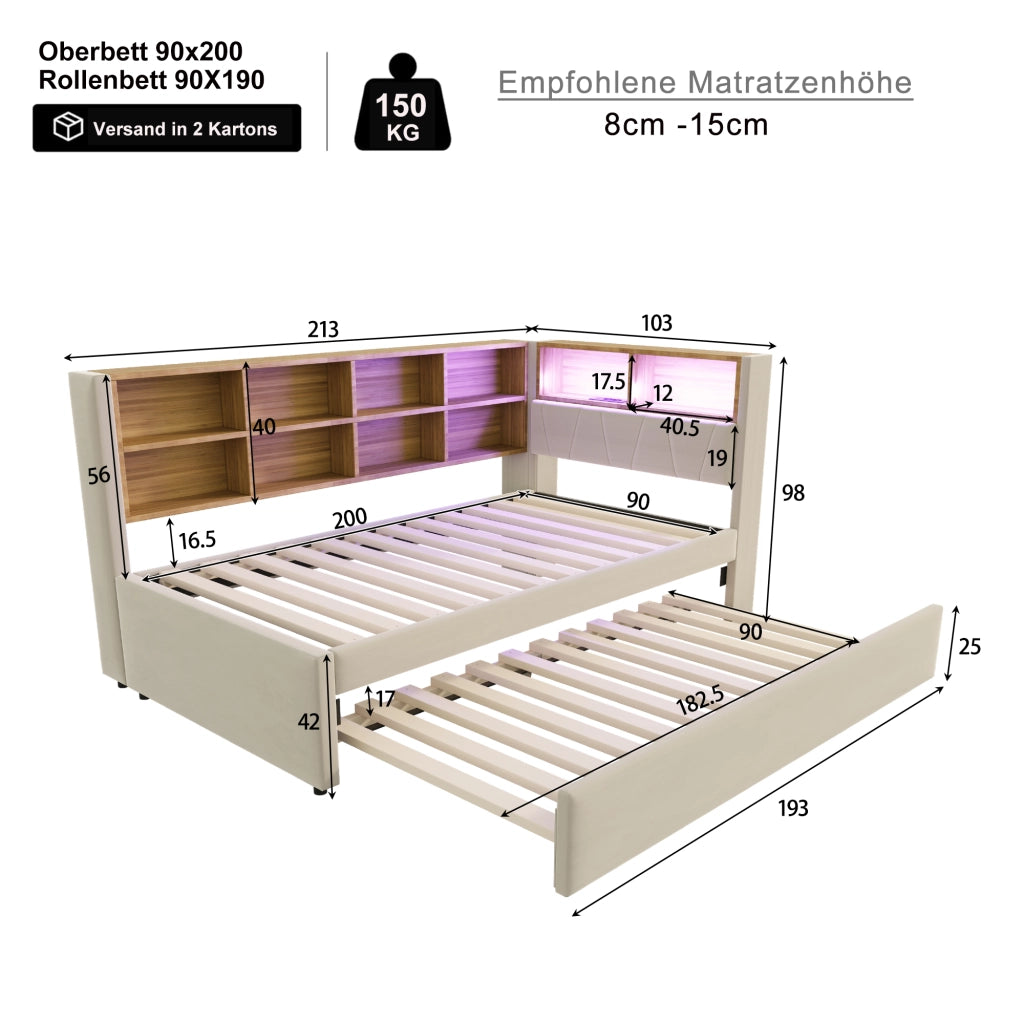 DIVANO LETTO Estraibile 90x200 cm Flanella Beige con LED e prese