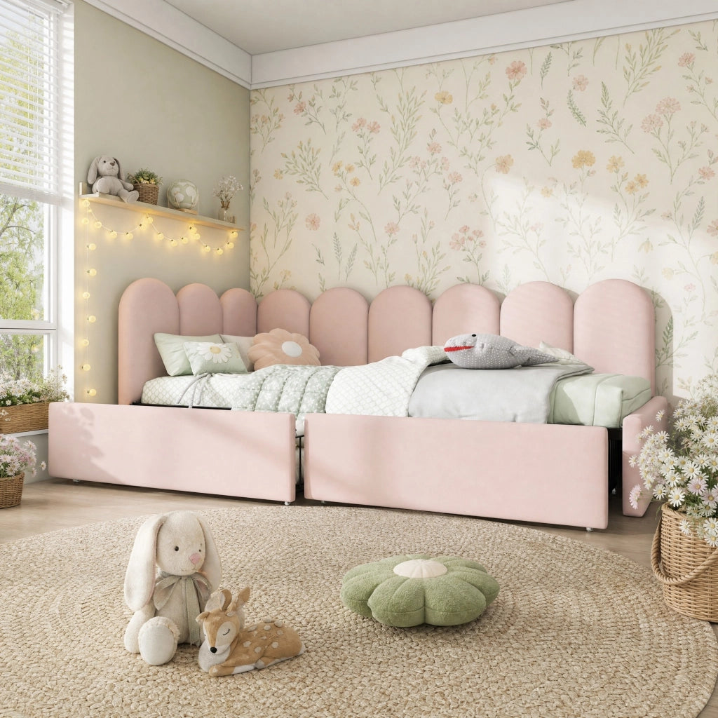 Divano letto singolo imbottito con 2 cassetti; velluto rosa; 90x200 cm
