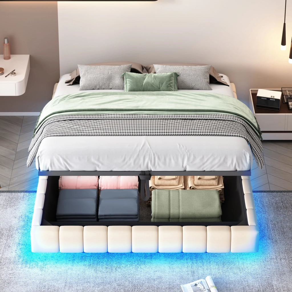Letto imbottito 160x200 cm - Zephmum- Telaio idraulico con LED e spazio di archiviazione