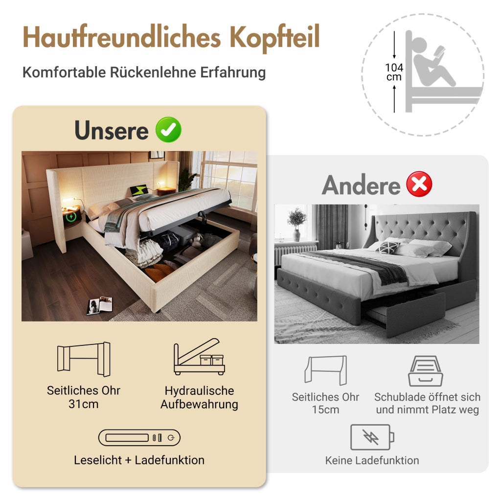 letto imbottito corduroy beige 160 x 200 cm