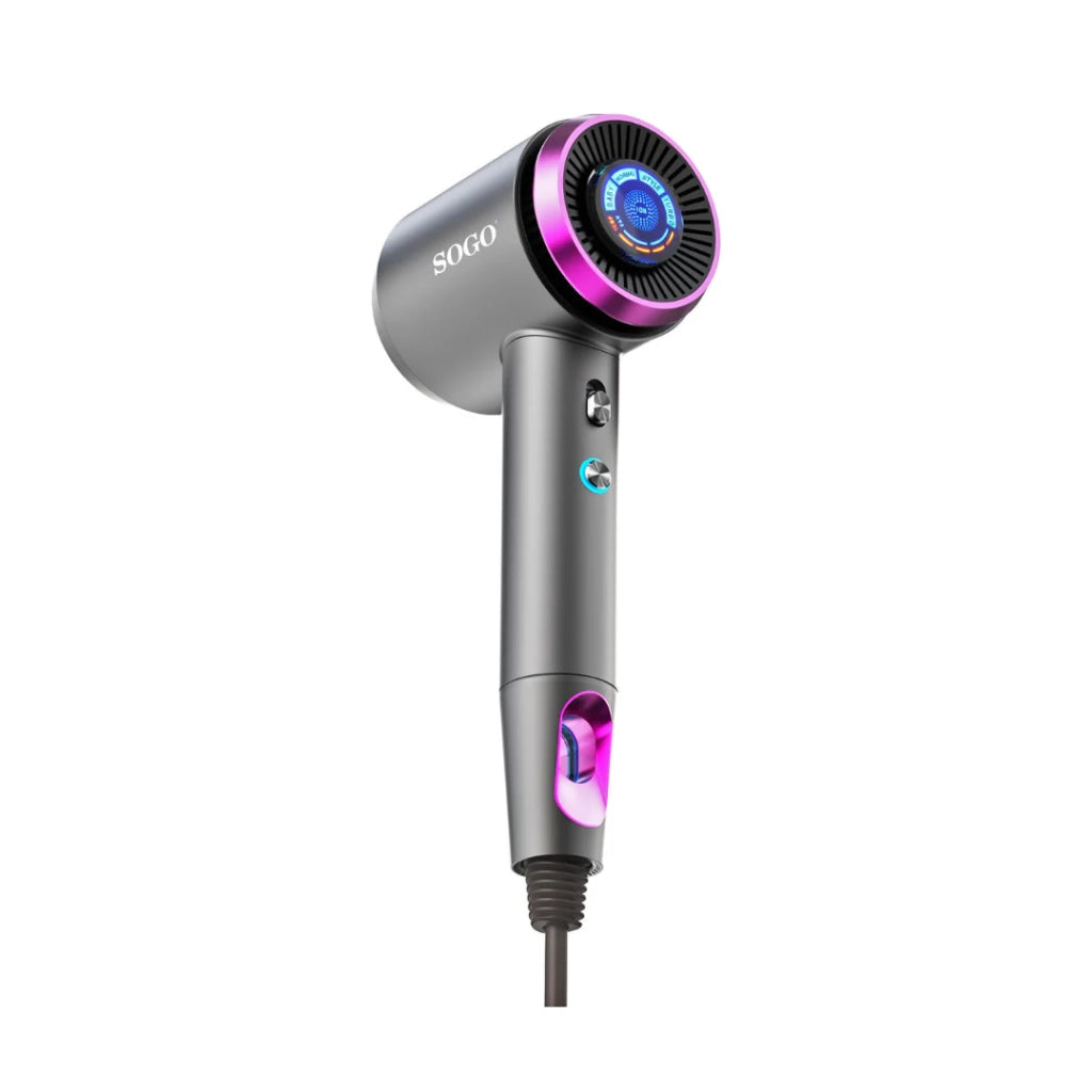 Asciugacapelli ionico 1800W con diffusore e concentratore magnetico, 4 temperature e display LED, per capelli lisci e ricci - Sogo