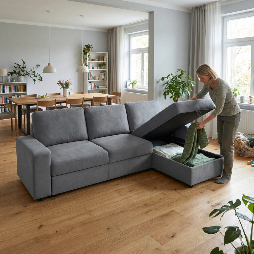 Divano Angolare con Contenitore ¨C MINIMAL ¨C Tessuto, 4 Vani, Ottomane