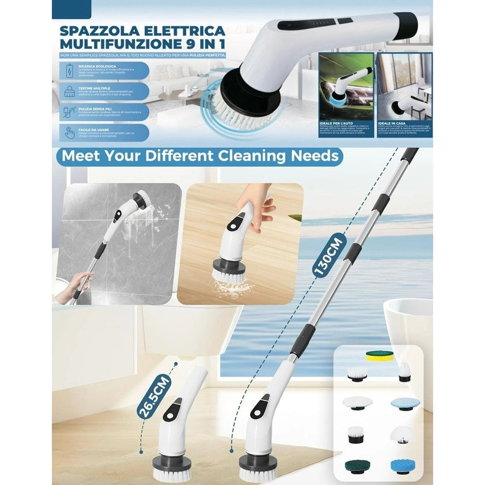 Trade Shop - Spazzola Rotante Elettrica Multifunzione 9in1 Ricaricabile Senza Fili Manico Estensibile -