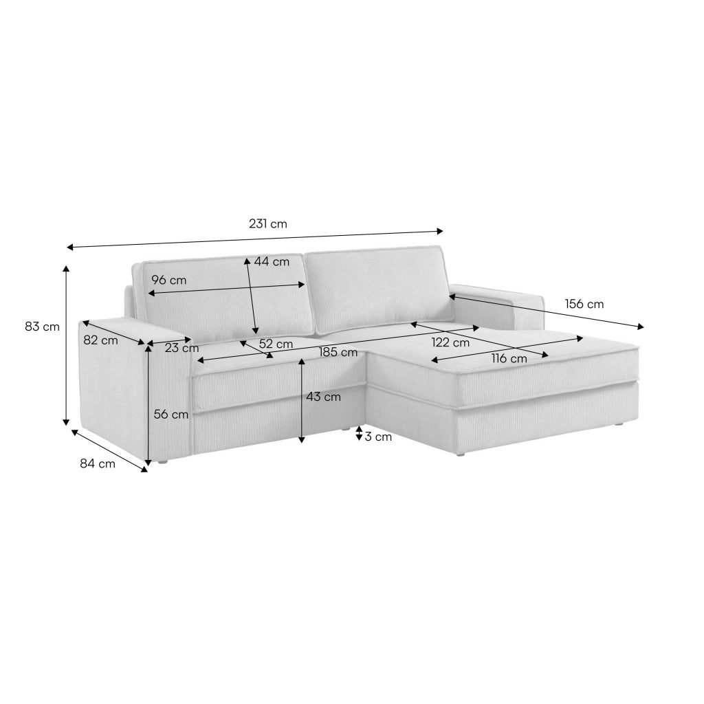 Divano angolare destro in velluto a coste, 3 posti, beige