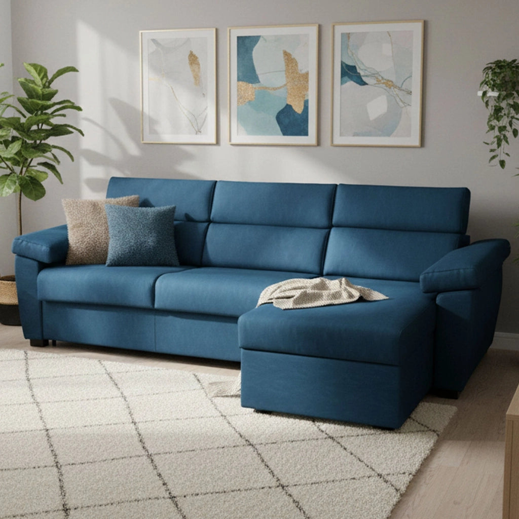 Priverno, Divano Letto con Penisola Sfoderabile Made in Italy, 285x160 cm blu