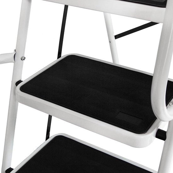 Scala a strappo con maniglia e 4 gradini di metallo argentato, ripiegabile