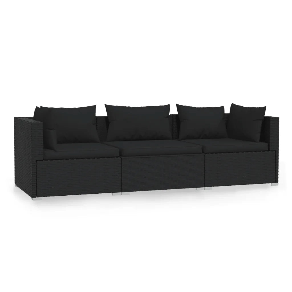 Divano a 3 Posti con Cuscini-Sofa 3 Posti con Cuscini in Polyrattan Nero