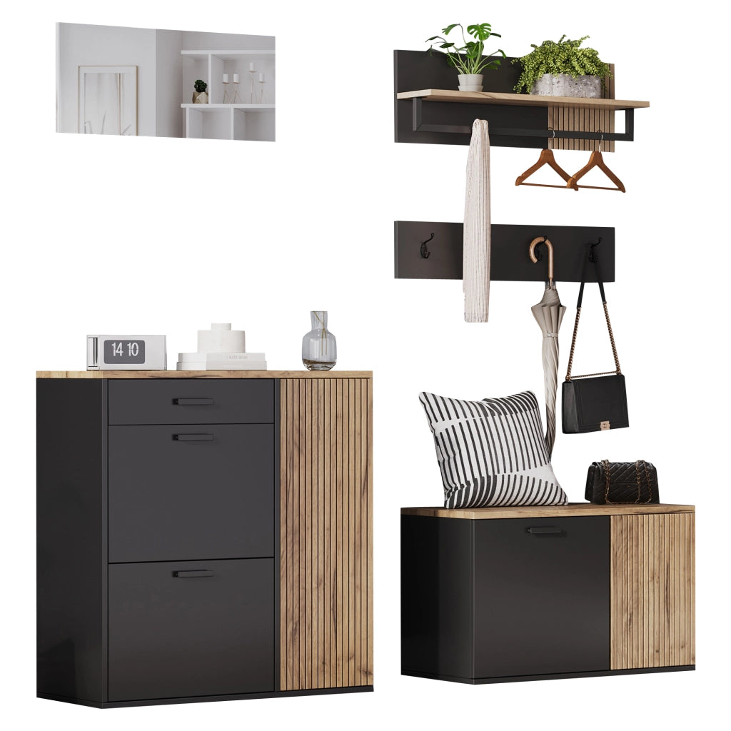 Set da ingresso a 5 pezzi con 2 mobili, specchio, mensola e 4 ganci, colore naturale e nero