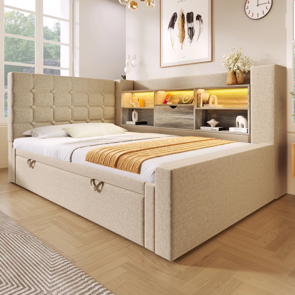 OKWISH Letto a Divano 90×200 cm, Letto Singolo con Letto Estraibile 90×190, LED Regolabile, USB e Tipo C, senza Materasso, Beige