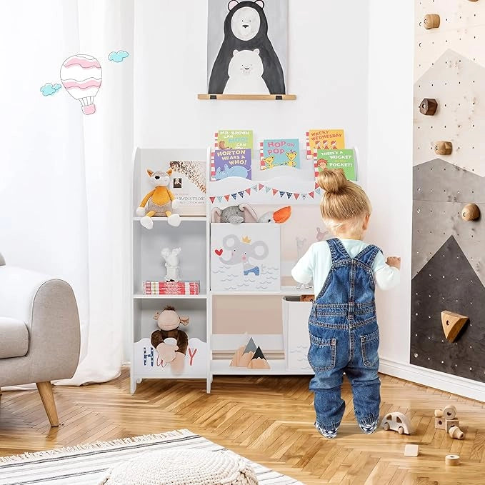 Armadio per Bambini, Scaffale di Legno con 3 Livelli e 5 Scompartimenti, 2 Cassetti in Tessuto e 3 Spazi per Giocattoli e Libri, Scaffale Verticale per Bambini, Bianco (Pirata Animale)
