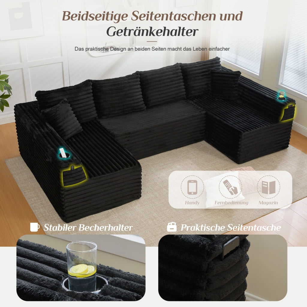SOFA U-Forma 320x155x88 cm in Corduroy Nero