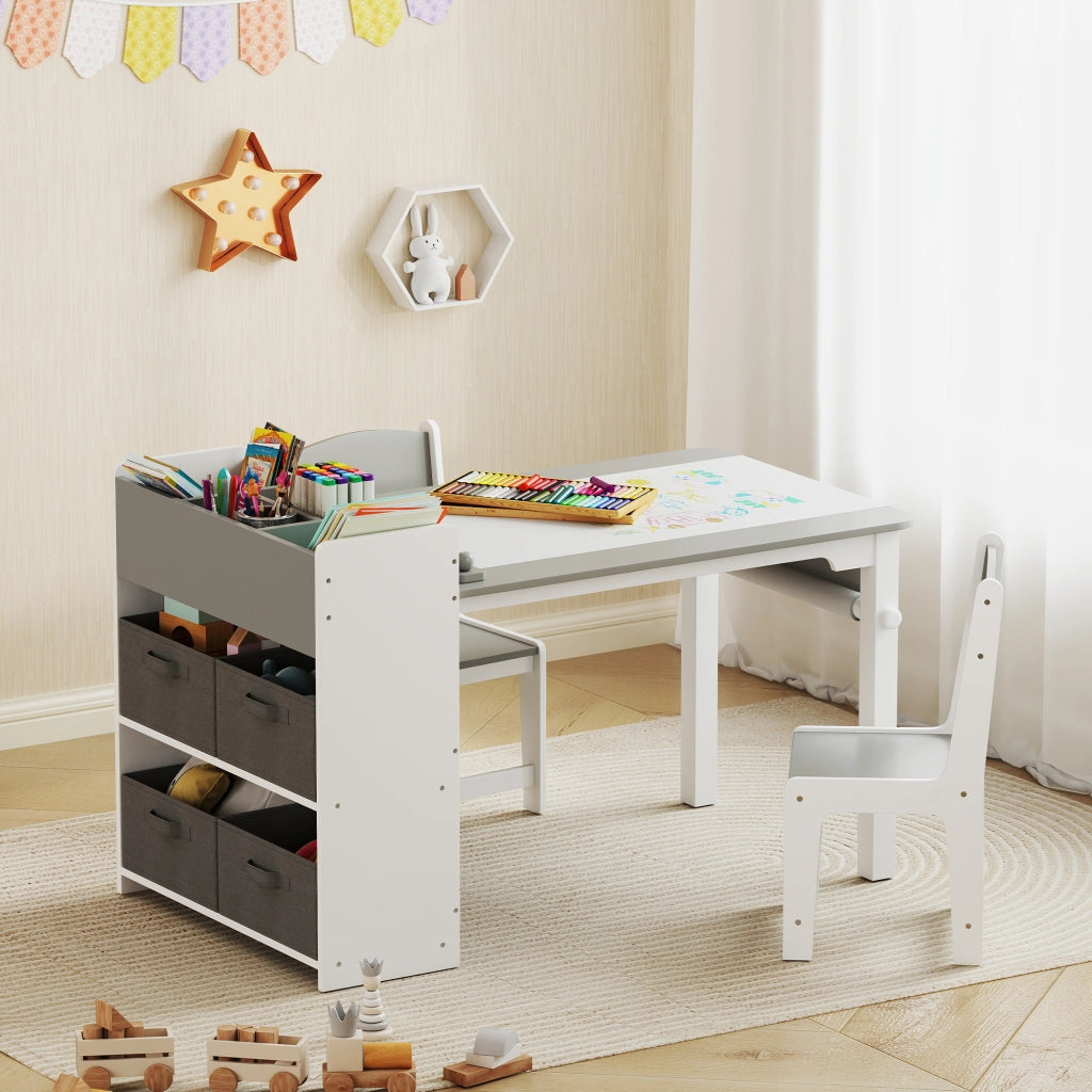 Set Sedie e Tavolo per Bambini ¨C Minimal ¨C Legno, Tessuto non Tessuto, Grigio e Bianco