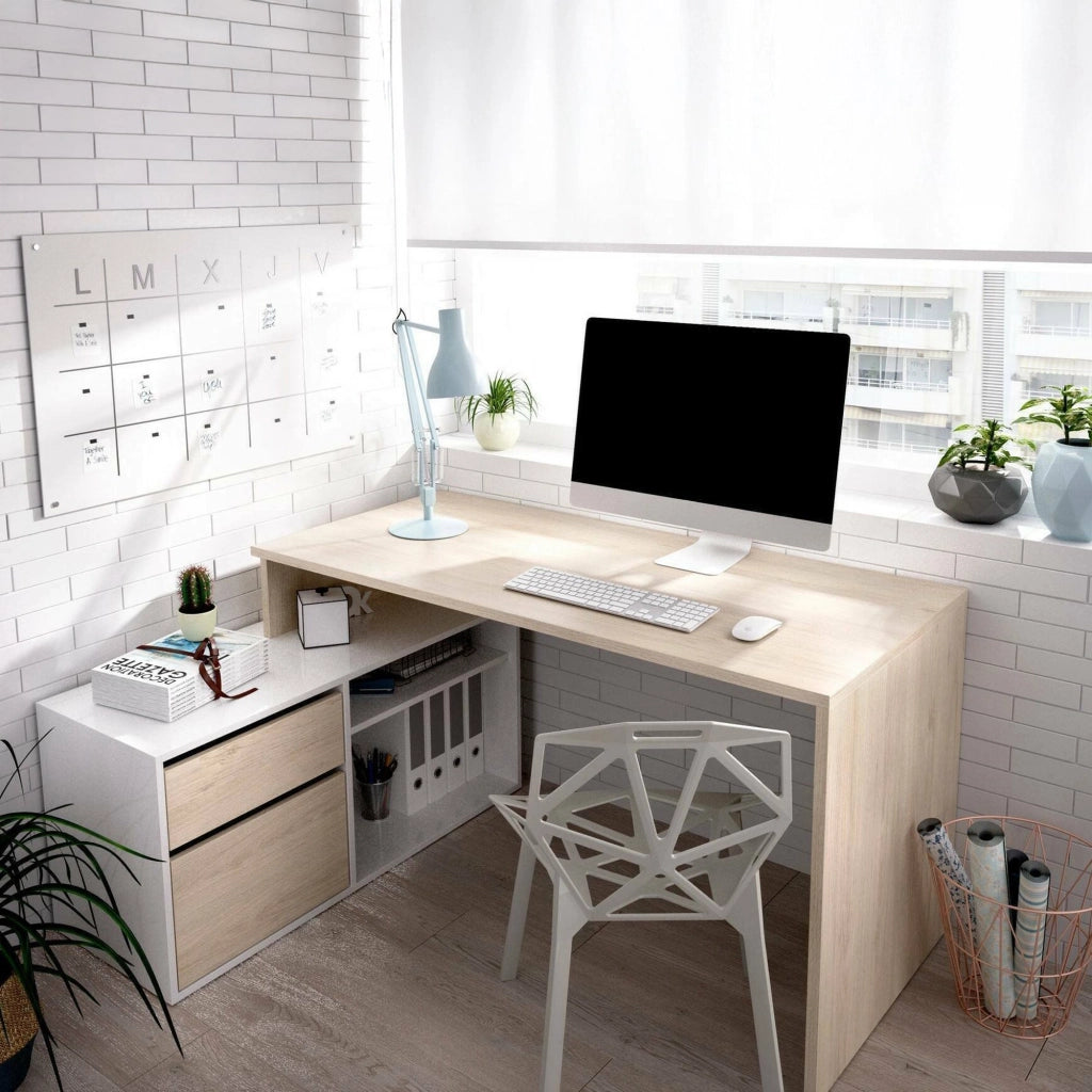 Scrivania Andor, Scrittoio multiposizione da ufficio o cameretta, Tavolo da studio angolare multiuso, 139x92h75 cm, Bianco e Rovere